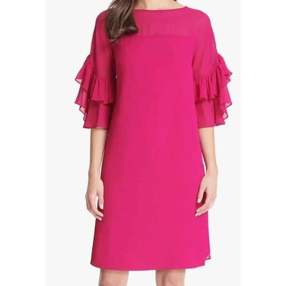 NWT Vince Camuto Dress Women's 8 Hot Pink Fuchsia Soufle Chiffon Shift Ruffle